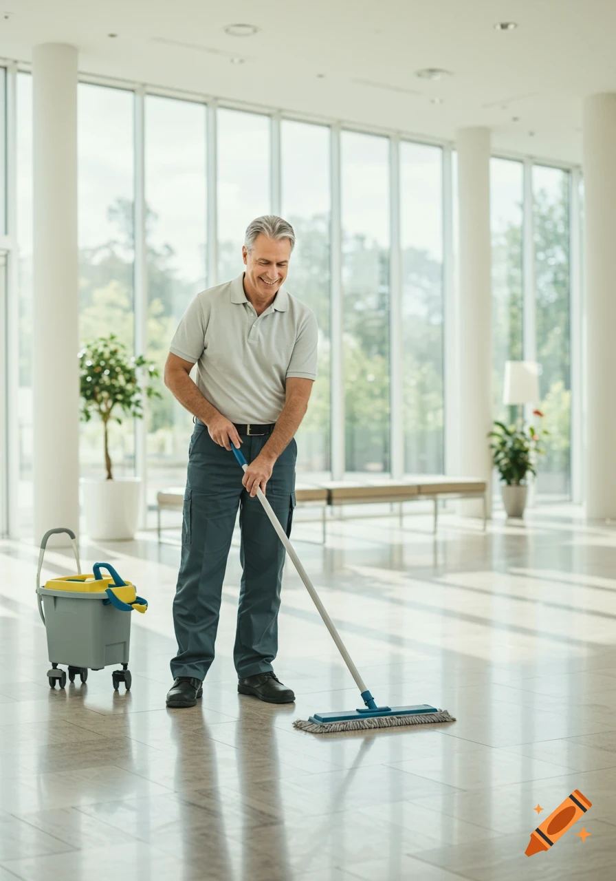 A smiling man mops a shiny floor in a bright, modern building with large windows, photorealistic style.