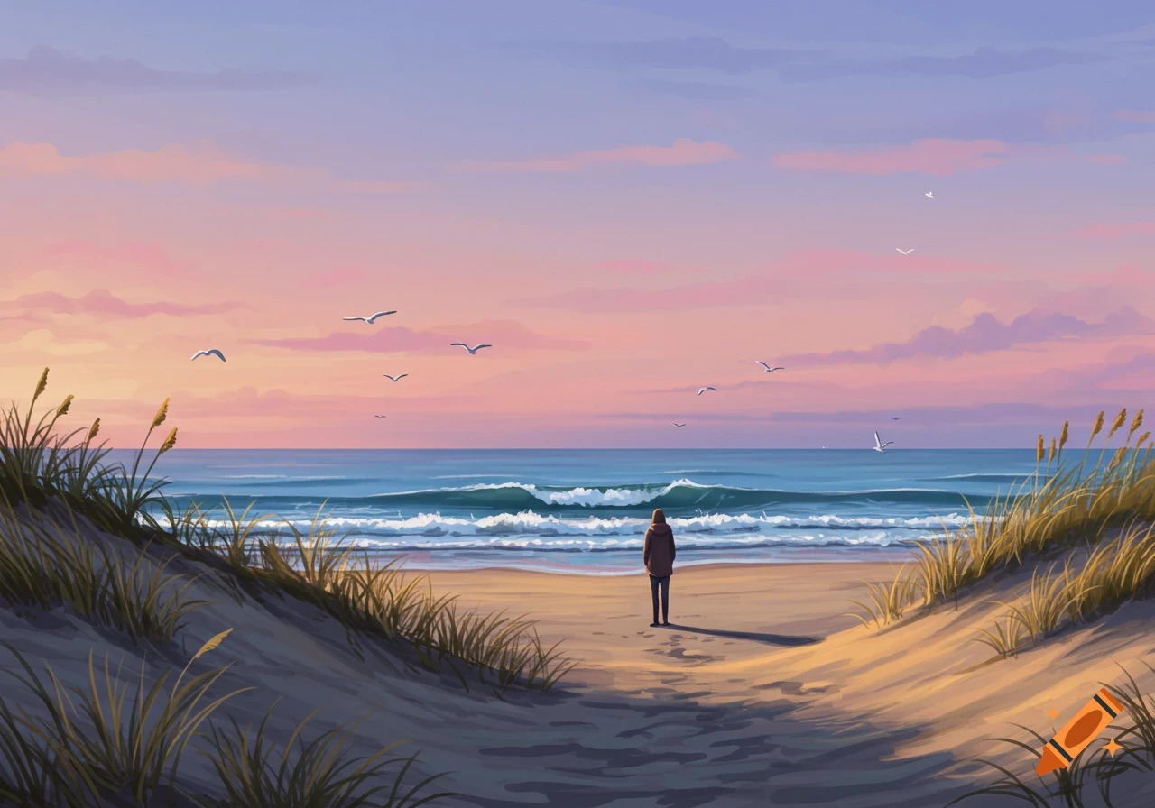 A person stands on a sandy beach looking at ocean waves under a vibrant pink and purple sunset sky, with dunes and seagulls.