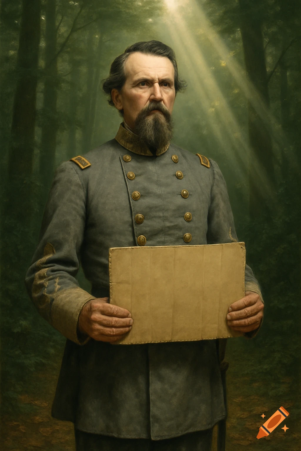 A photorealistic portrait of a bearded general in a gray uniform holding a blank cardboard sign in a sun-dappled forest.