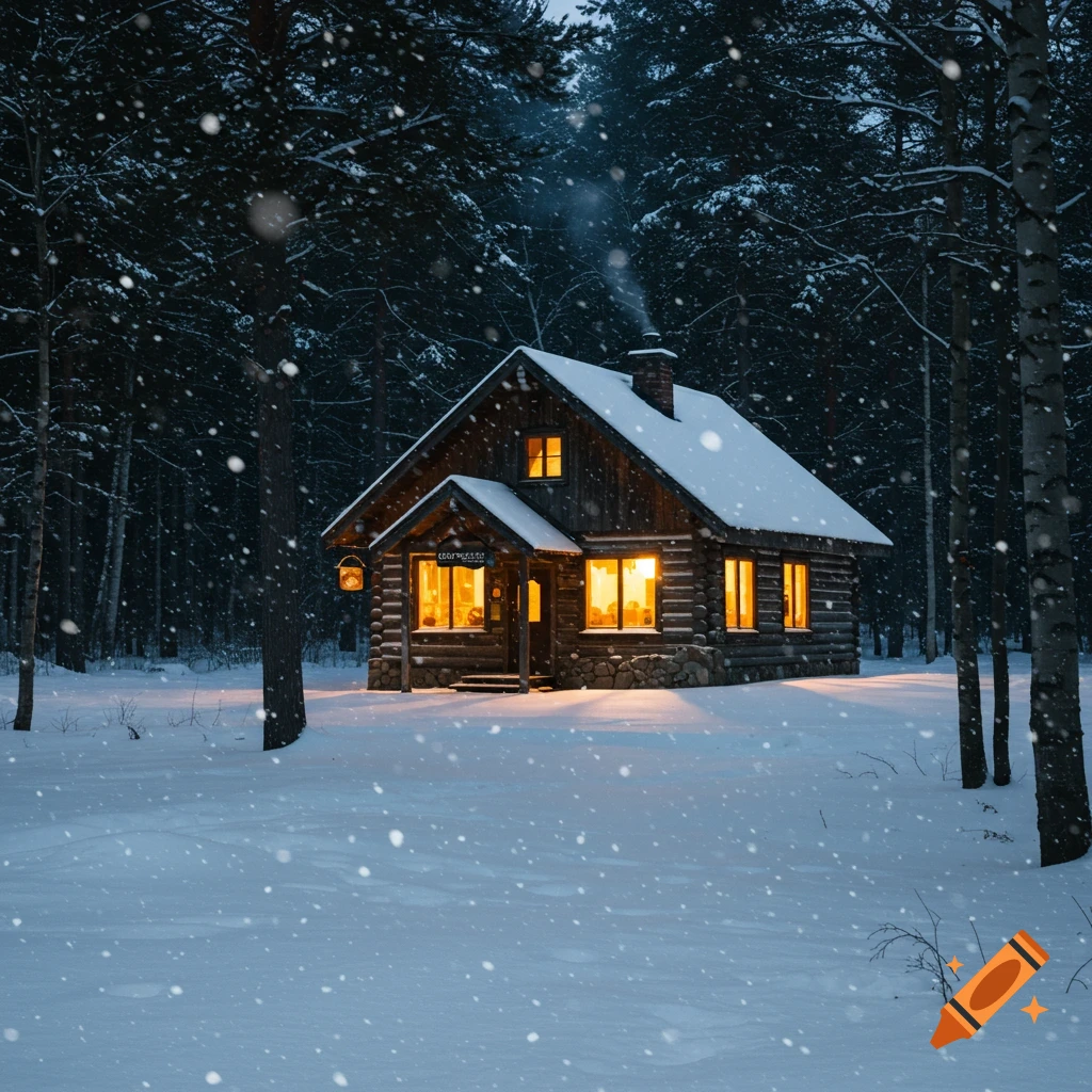 A warmly lit log cabin covered in snow in a dark, snowy forest at night.