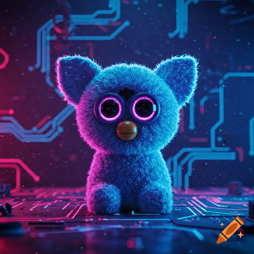 A fluffy blue creature resembling a Furby with glowing pink eyes sits on a neon-lit circuit board in a cyberpunk style.
