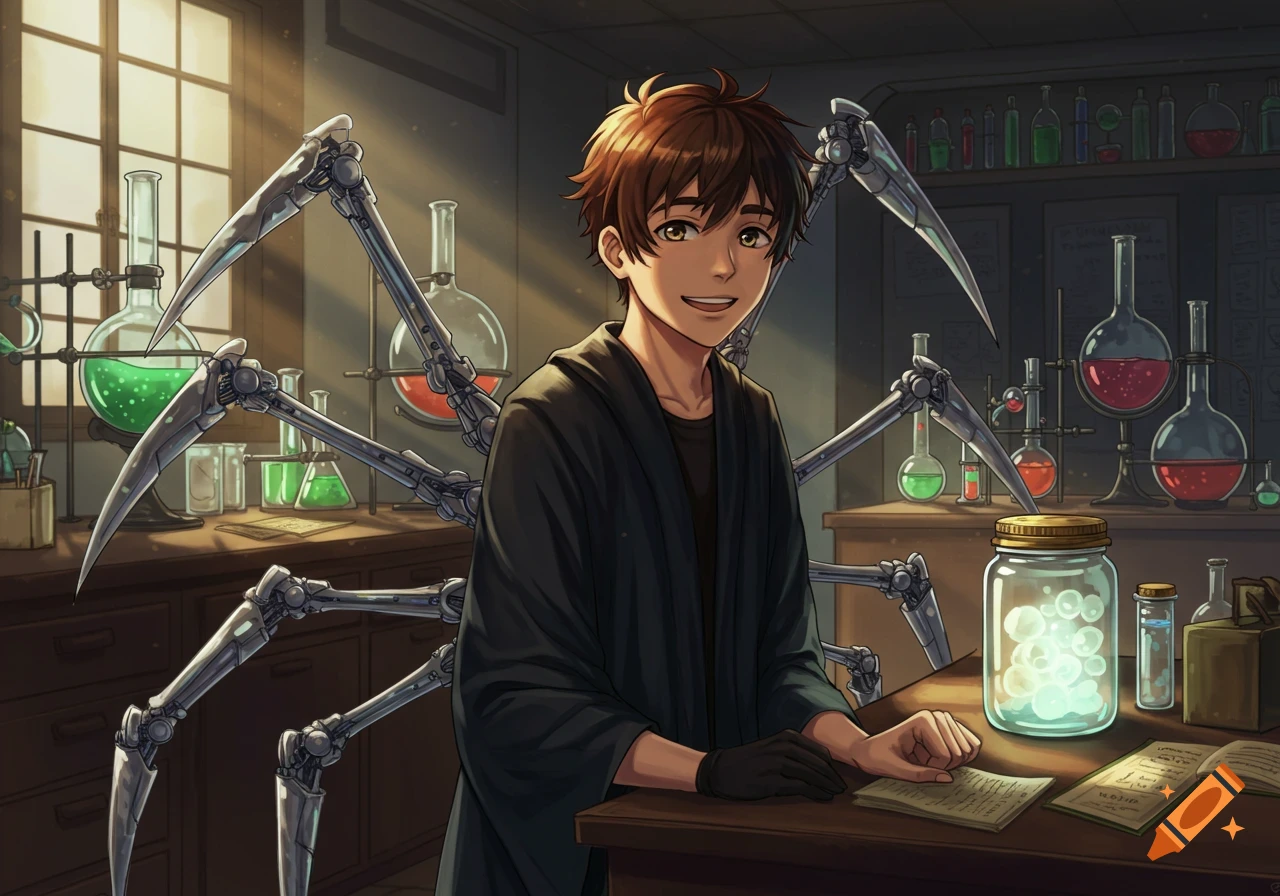 Anime boy with robotic spider legs smiling in a chemistry lab.