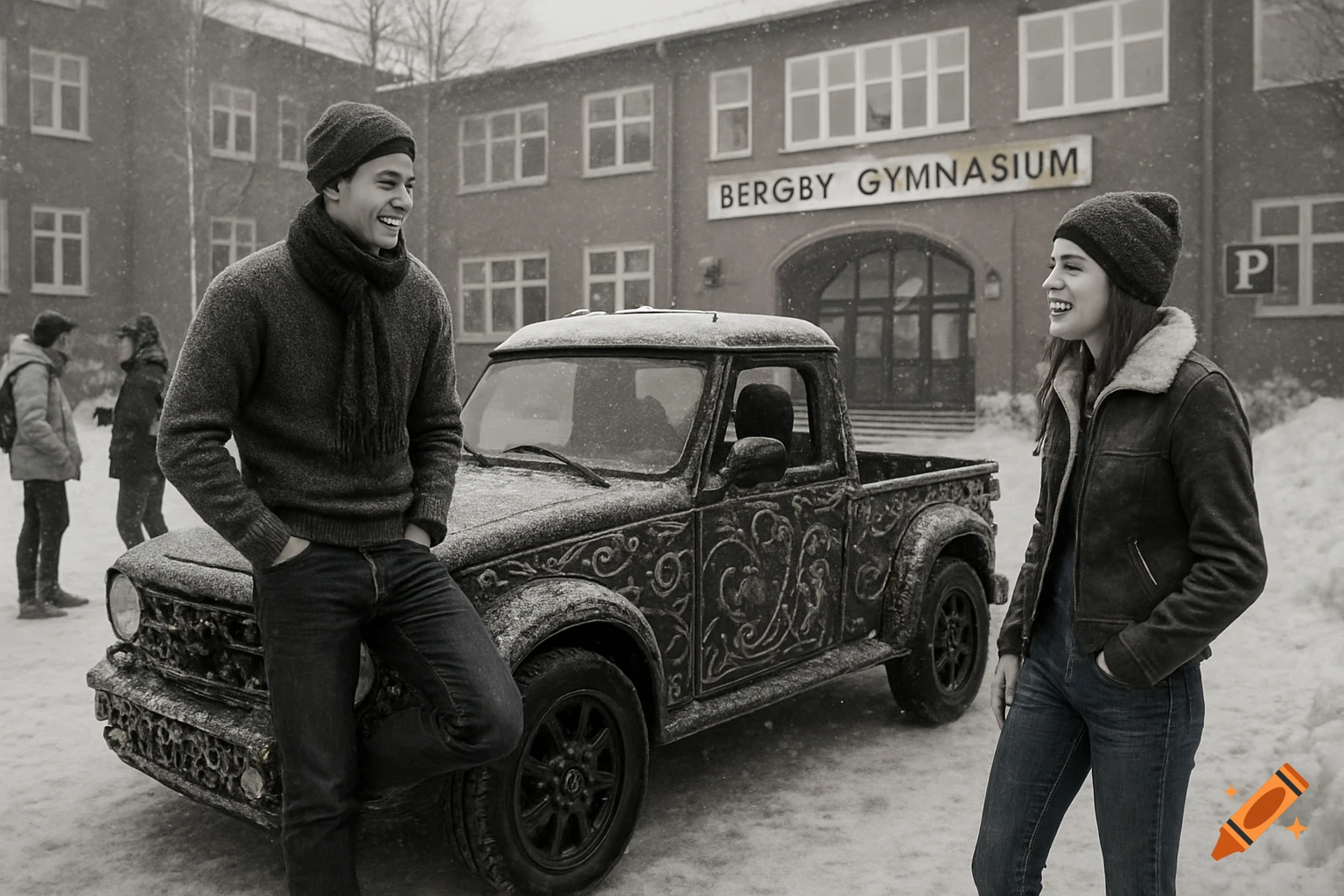 Two young adults, a man and a woman, laugh beside a decorated vintage pickup truck in front of a snowy building, photorealistic.