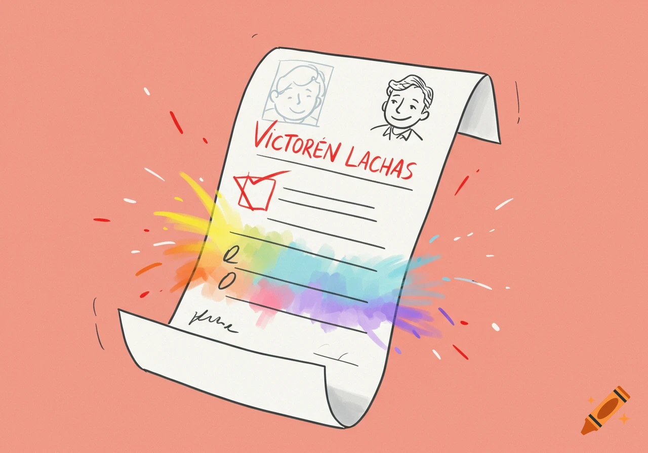 Cartoon drawing of a ballot for Victorien Lachas, featuring two smiling faces and vibrant rainbow colors.