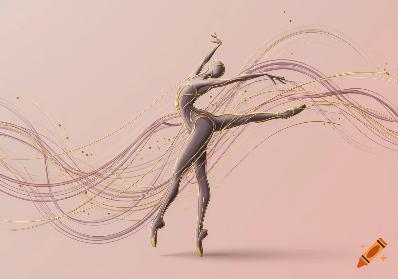 Stylized 3D render of a dancer in a ballet pose, surrounded by flowing golden and purple lines on a pink background.