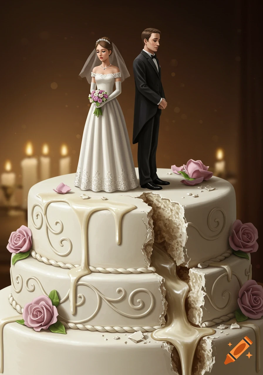 A realistic image of a bride and groom standing apart on a broken wedding cake with white frosting, pink roses, and melting cake.