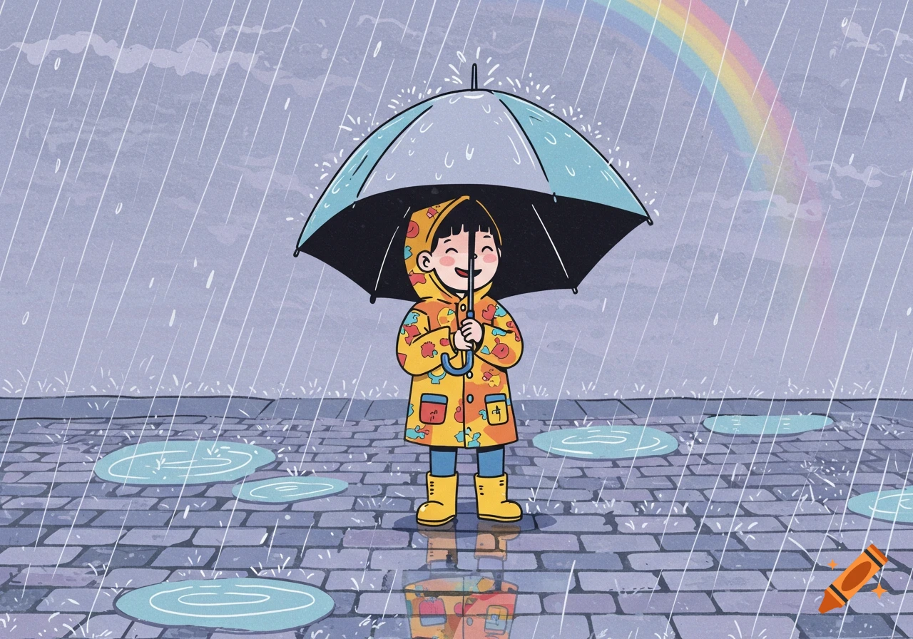A happy child in a yellow raincoat and boots holds an umbrella under the rain with a rainbow in a comic illustration style.
