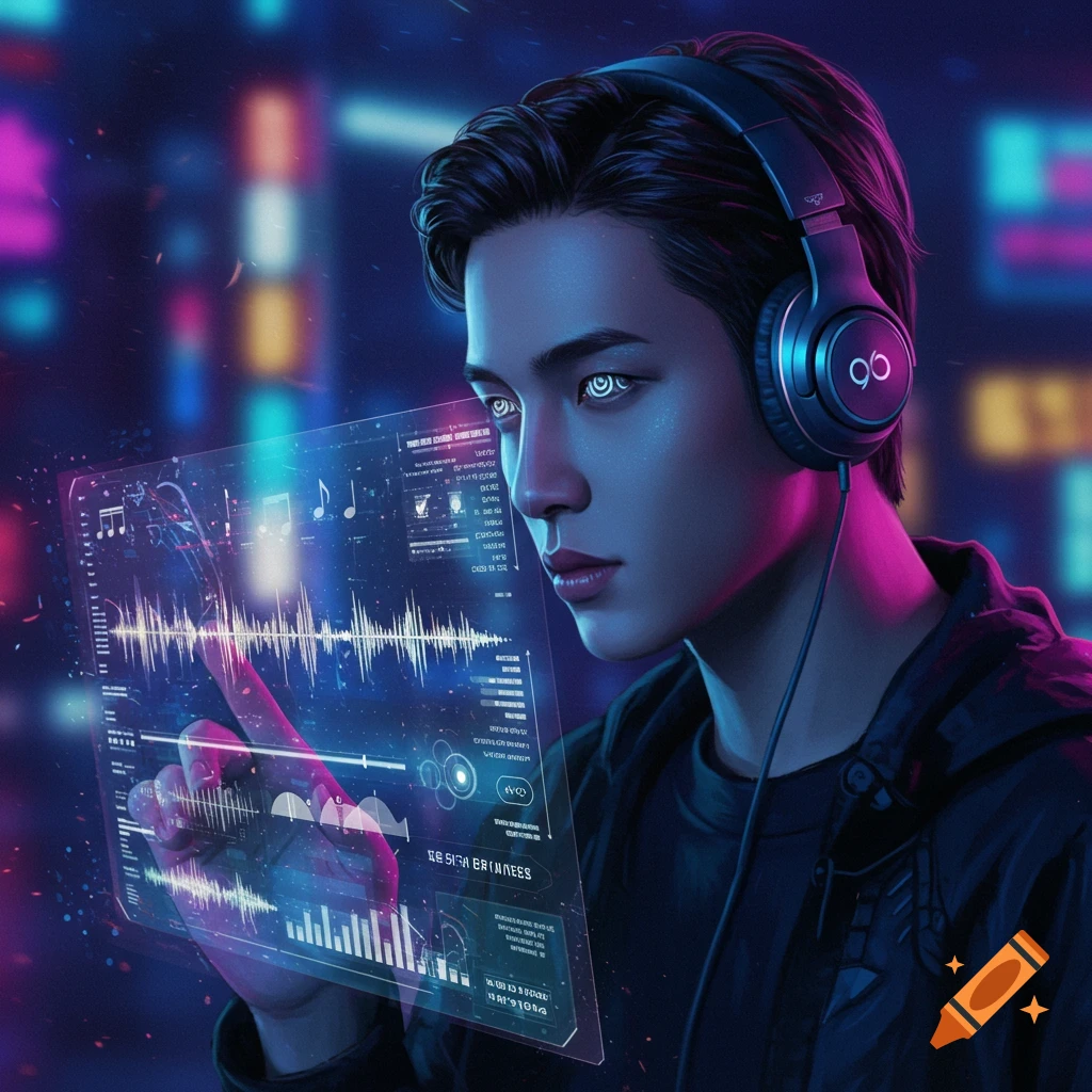 A person with glowing eyes and headphones interacts with a glowing holographic music interface in a neon cityscape, futuristic style.