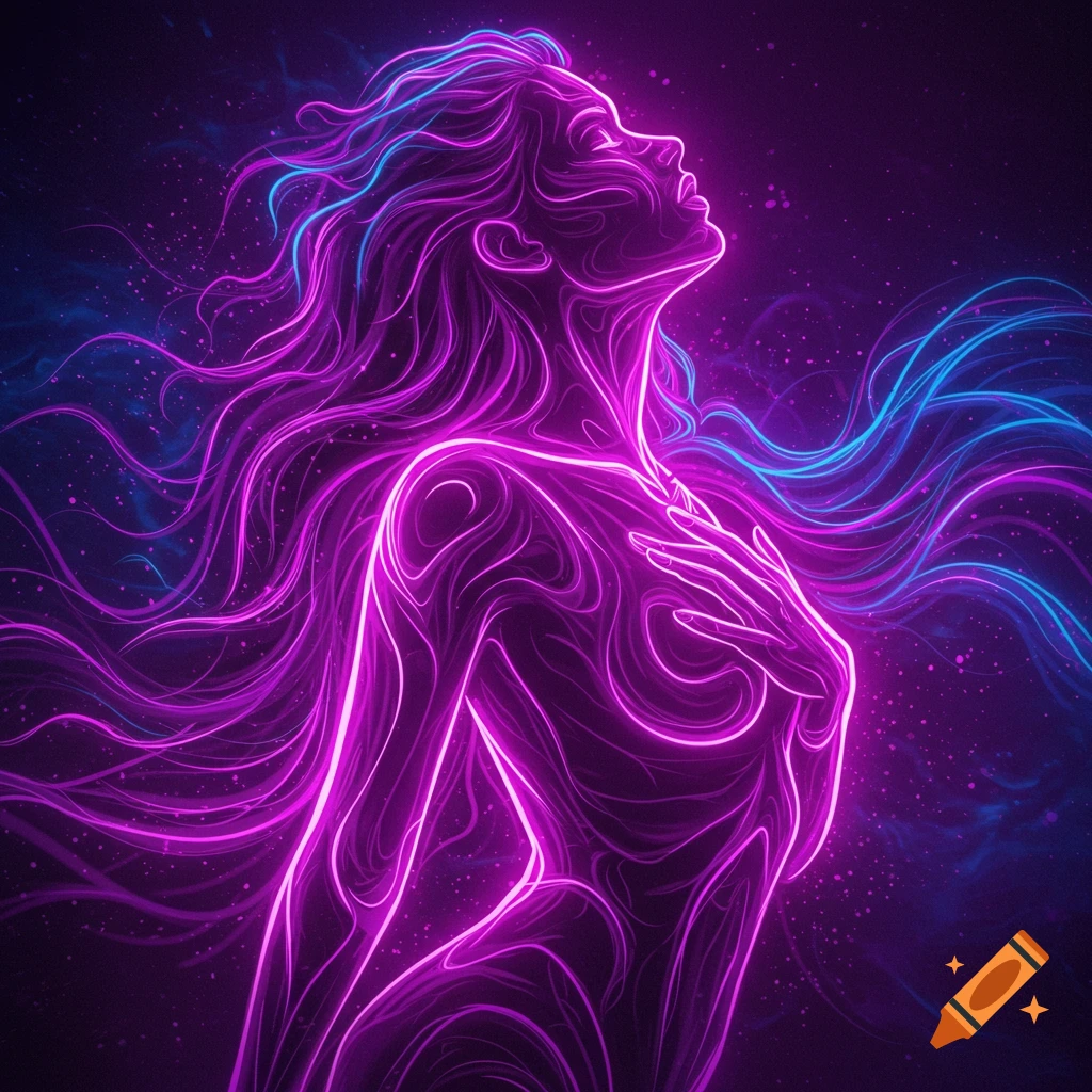 Abstract neon line art of a woman with flowing purple hair and blue streaks, looking upwards against a dark starry background.