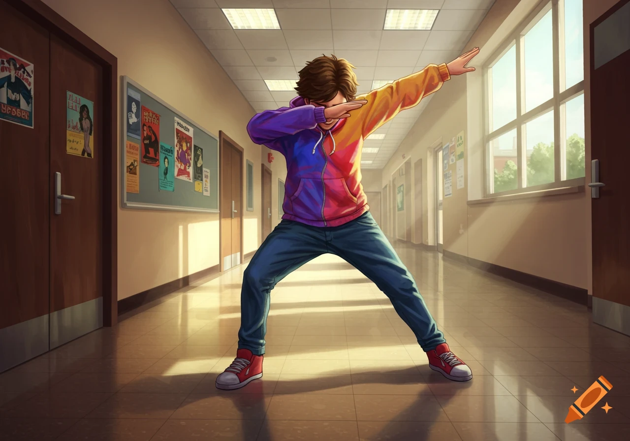 A cartoon style image of a male student dabbing in a brightly lit school hallway with posters on the walls.