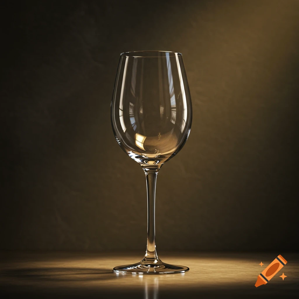 An empty, clear tulip wine glass stands centered on a reflective surface against a dark, warm-toned background.