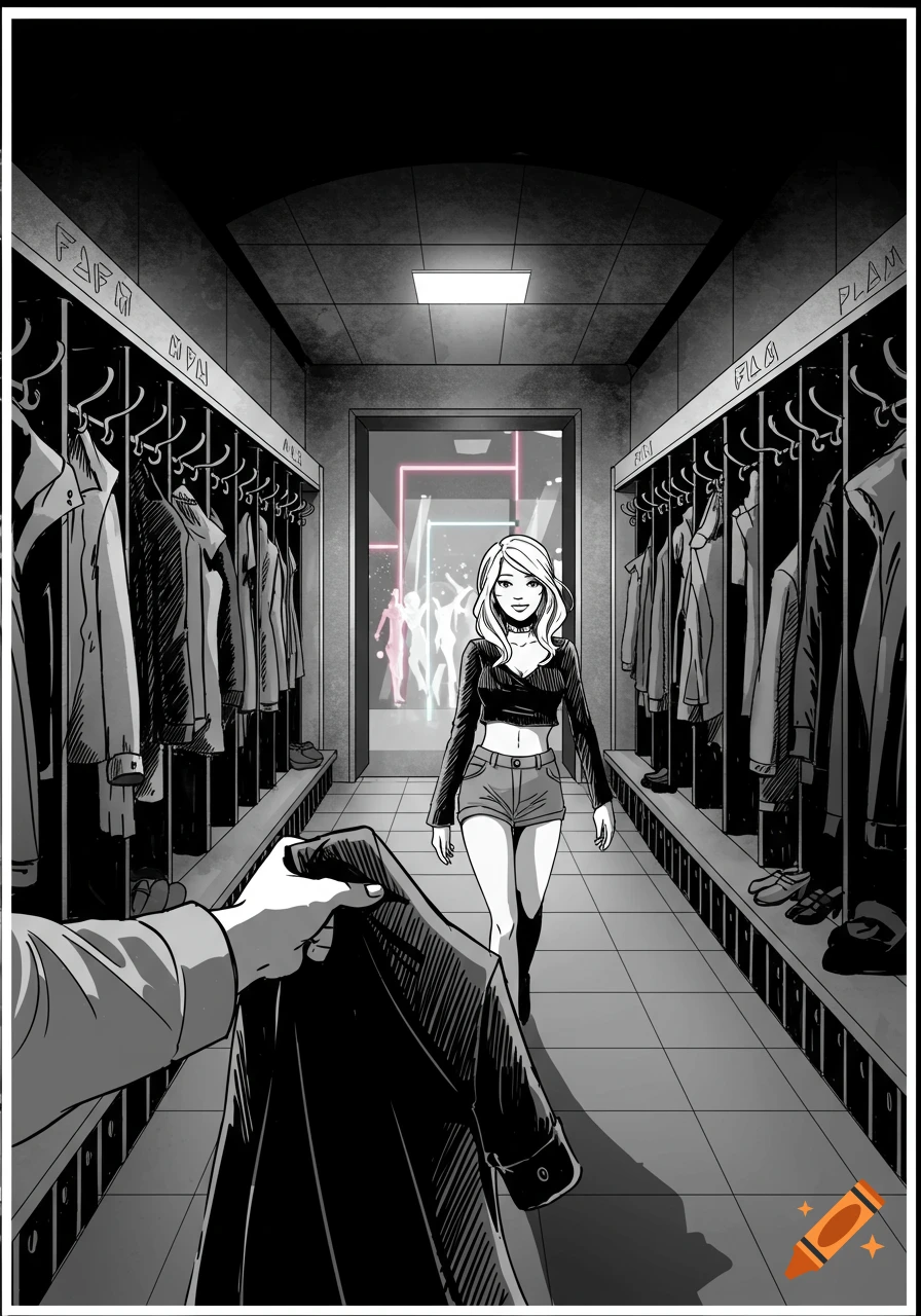 A black and white comic illustration of a woman in a cropped top and shorts, smiling while receiving a coat from a man in a nightclub cloakroom.