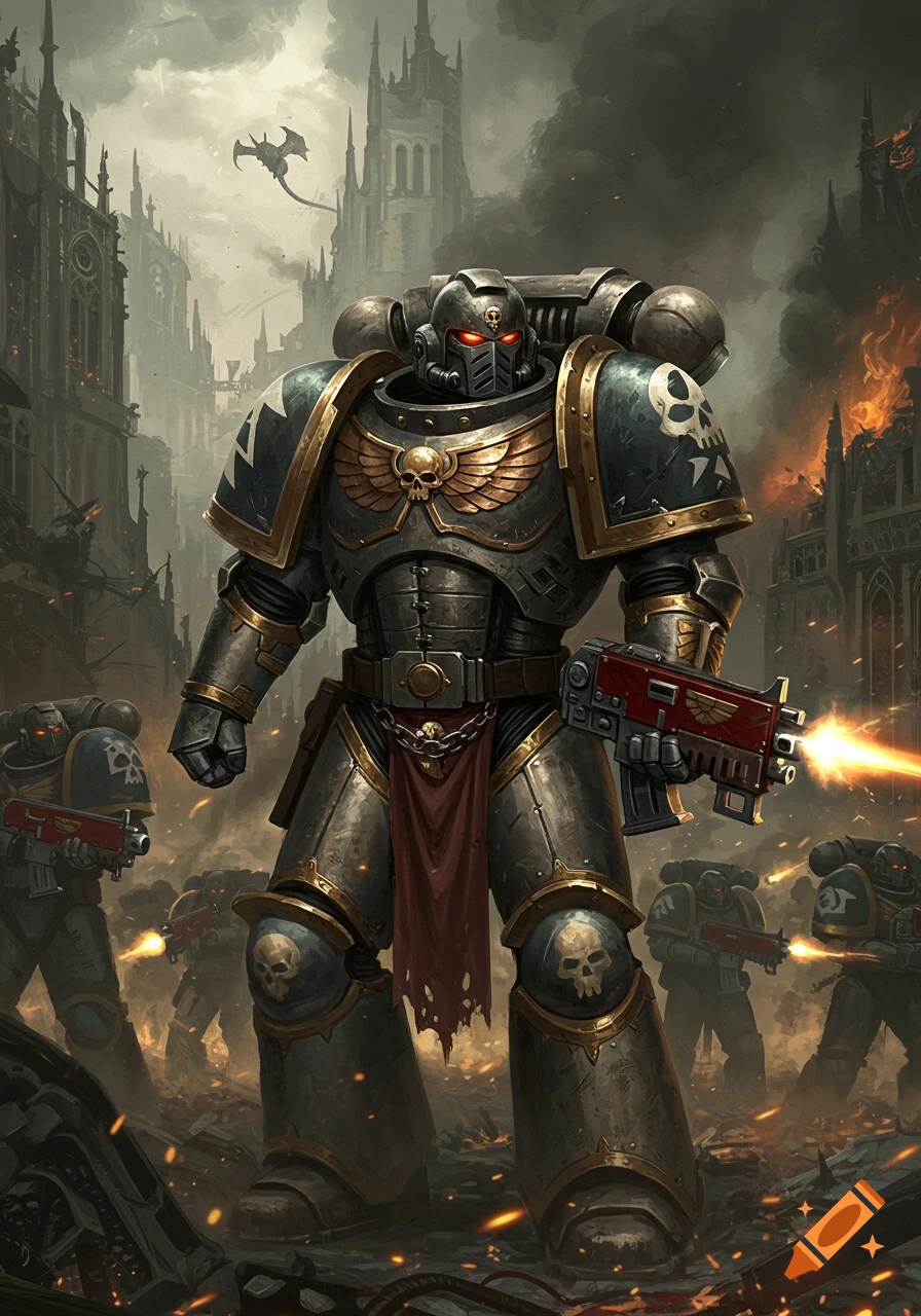 A large Space Marine with glowing eyes leads other armored warriors in a battle within a burning, ruined gothic city.