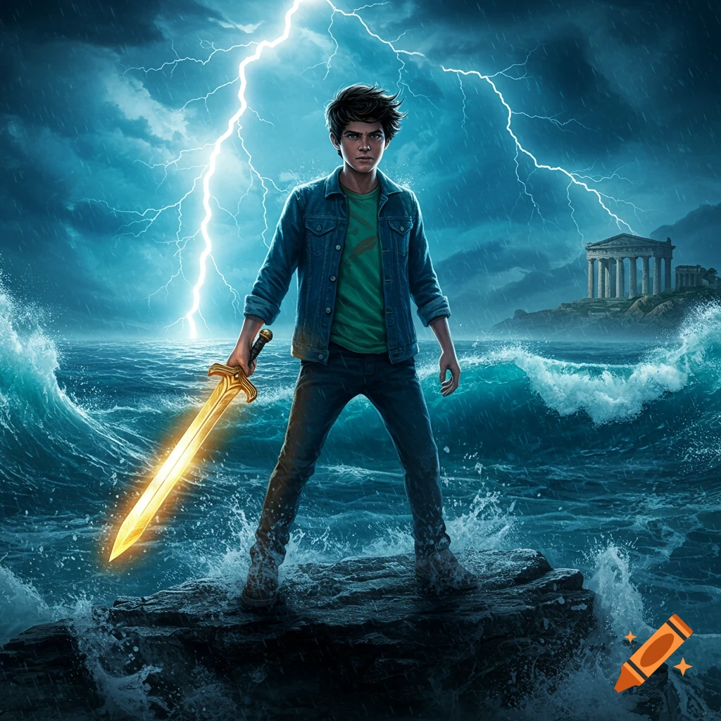 A young man stands on a rock in a stormy sea, holding a glowing golden sword, with lightning striking and a distant ancient temple.