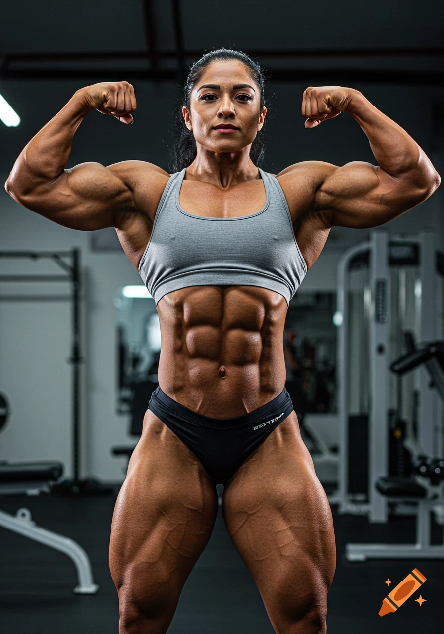 Muscular Latina bodybuilder woman flexing her biceps and abs in a gym.