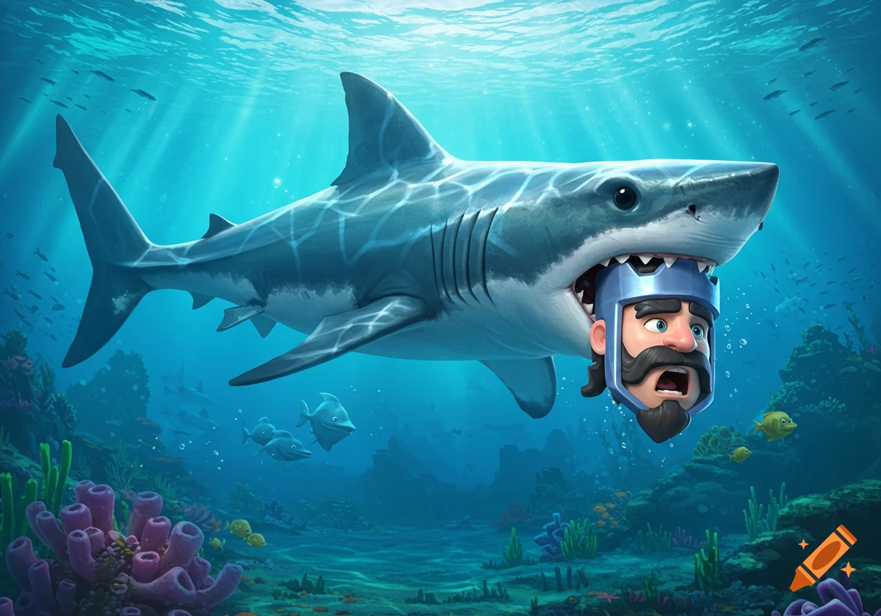 A cartoonish great white shark swims underwater, holding the head of a Clash Royale king character in its mouth, with coral reefs below.