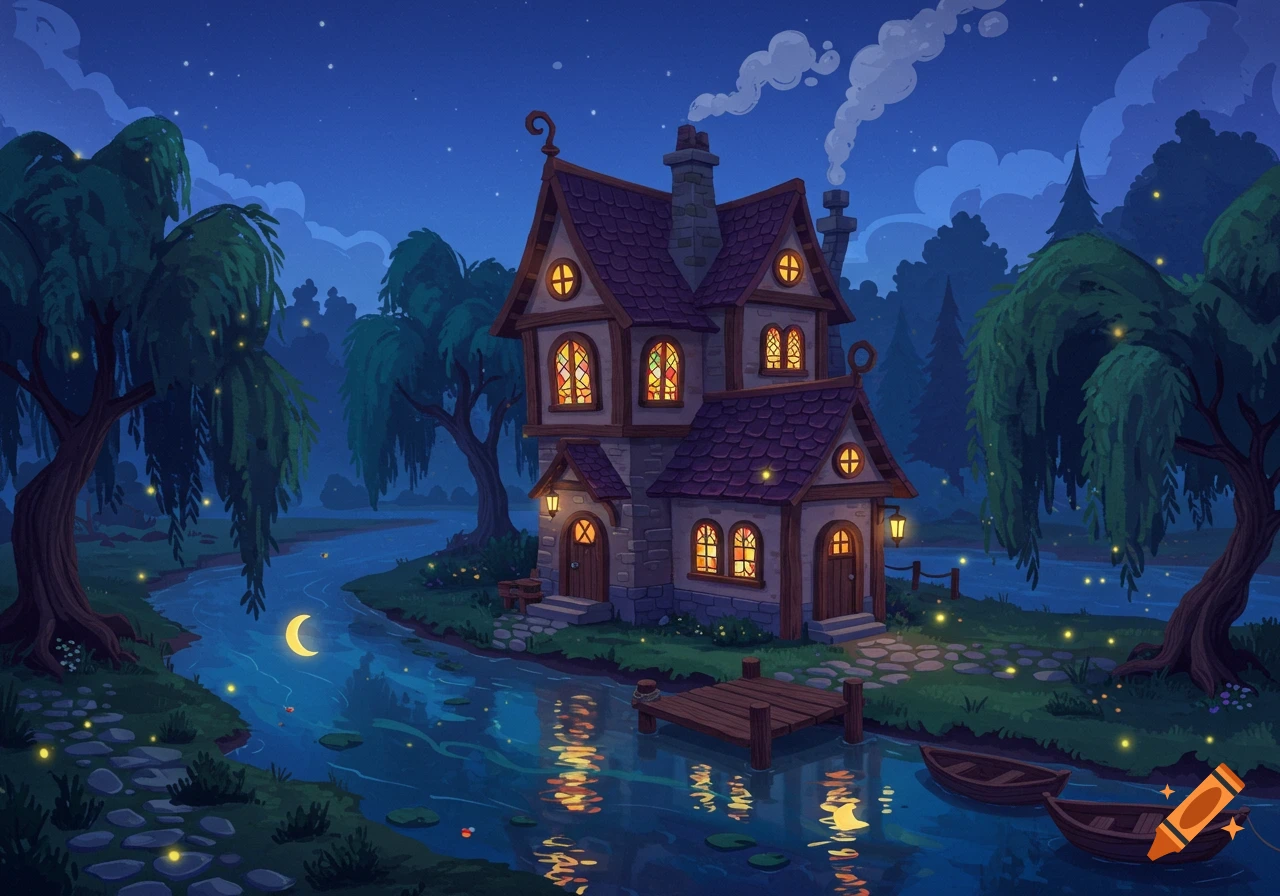 A stylized witch's house by a river at night, with illuminated windows, a wooden dock, and glowing fireflies.