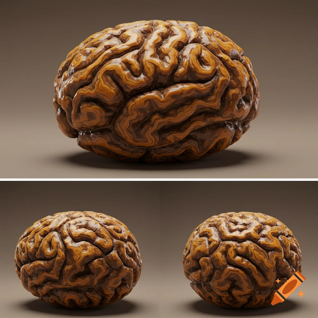 A collage of three stylized brain-like objects with a textured, caramel-brown appearance, shown at different angles on a solid brown background.
