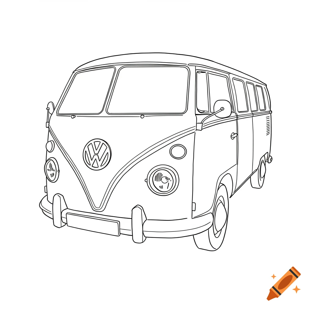 A black and white line drawing of a classic Volkswagen camper van, seen from a front-quarter view.