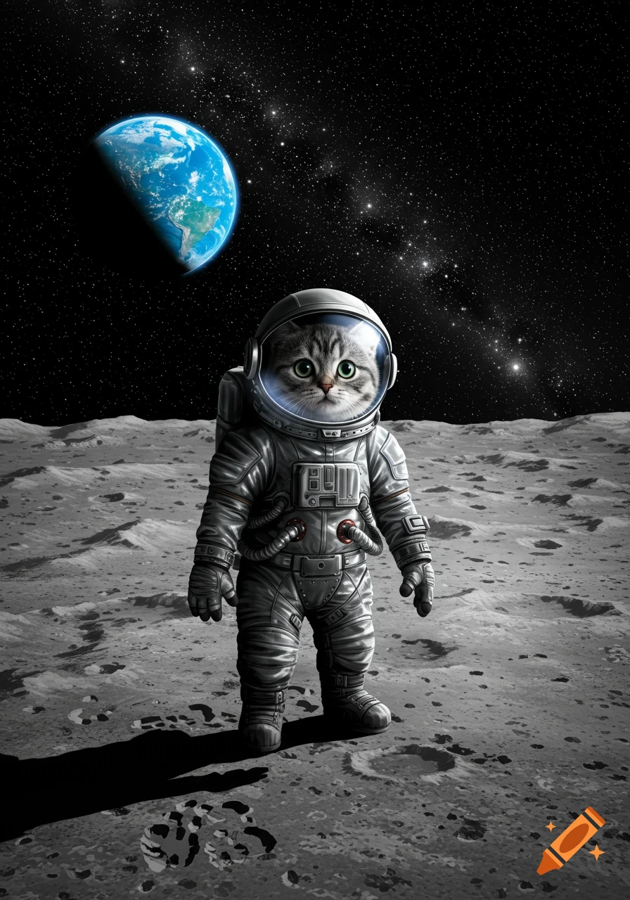 A grey tabby cat in an astronaut suit stands on the moon with Earth and stars in the background.