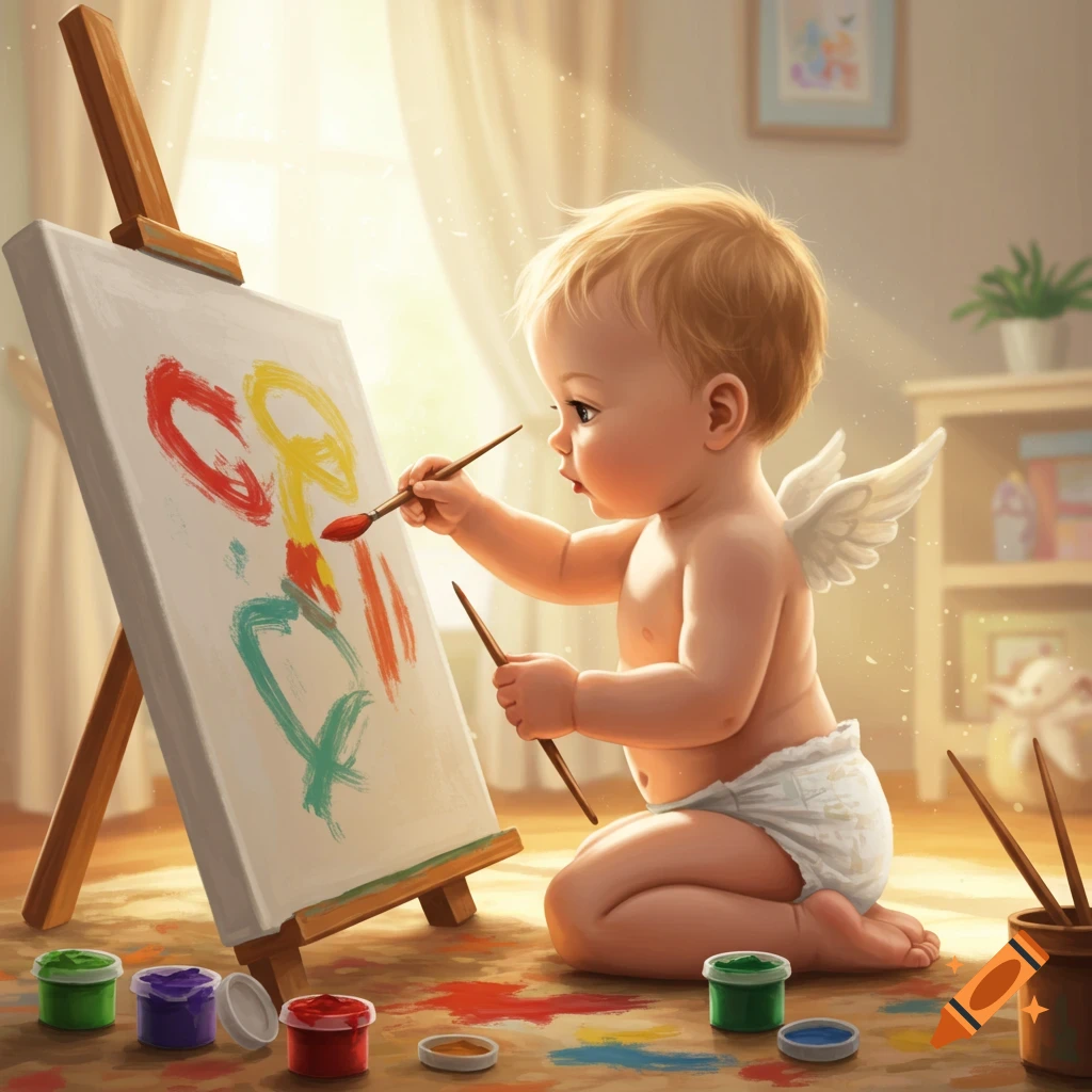 A cute baby with angel wings sits on a rug, painting on an easel with colorful paints, in a photorealistic style.