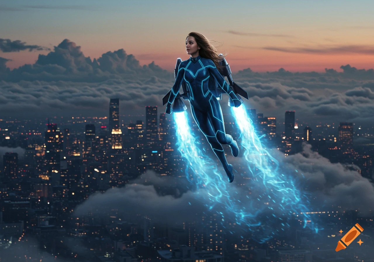A superhero girl with a jetpack flies over a city at dusk, leaving blue energy trails.