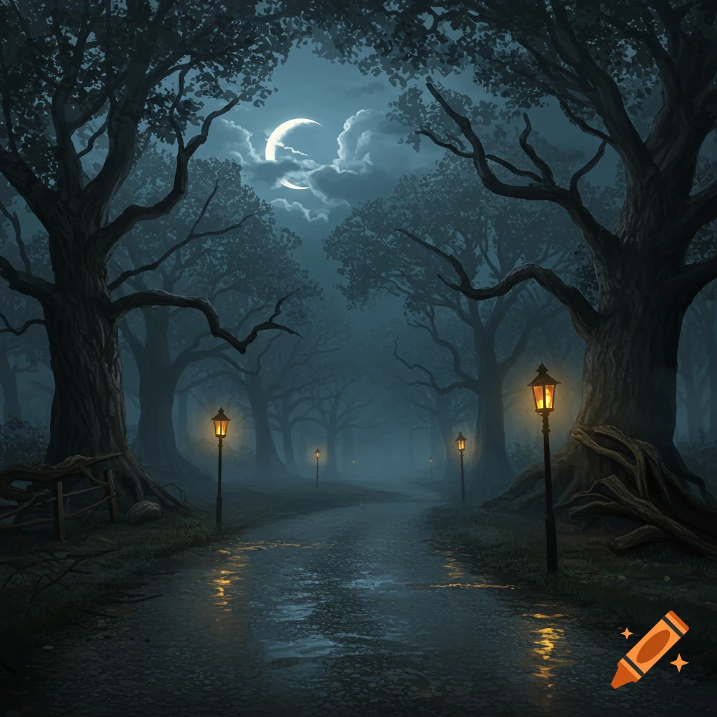 A spooky, moonlit forest path at night with glowing lampposts and wet ground reflecting light.