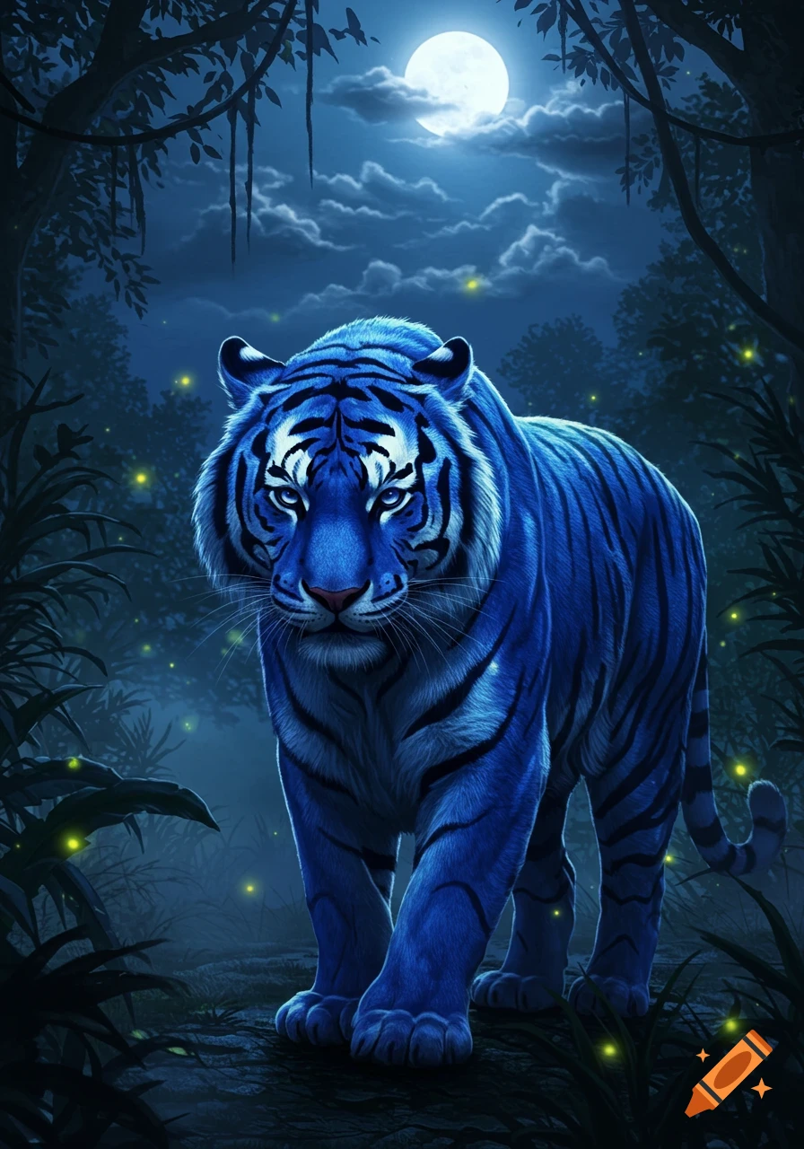 A majestic blue tiger with white stripes walks through a mystical jungle at night under a full moon, with glowing fireflies.