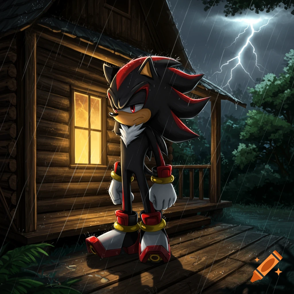 Anime style Shadow the Hedgehog stands in the rain outside a rustic cabin with lightning in the sky.