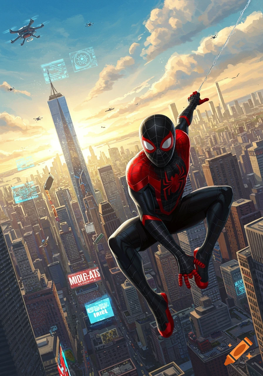 Miles Morales' Spider-Man swings above a futuristic city at sunset, with drones and holographic displays, in a vibrant comic book style.