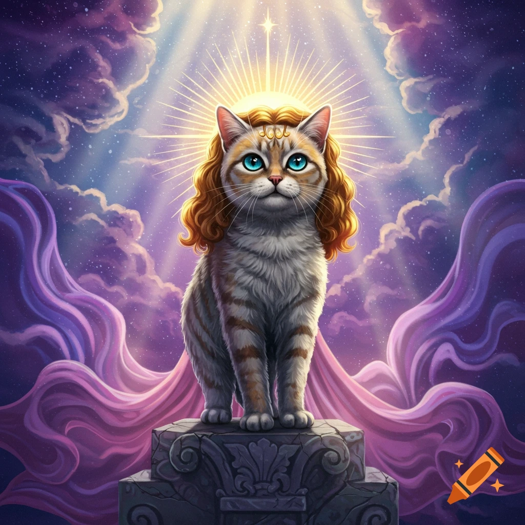 A majestic cat with golden curly hair and a halo stands on an ornate stone pedestal, bathed in light from a celestial, cloud-filled sky.