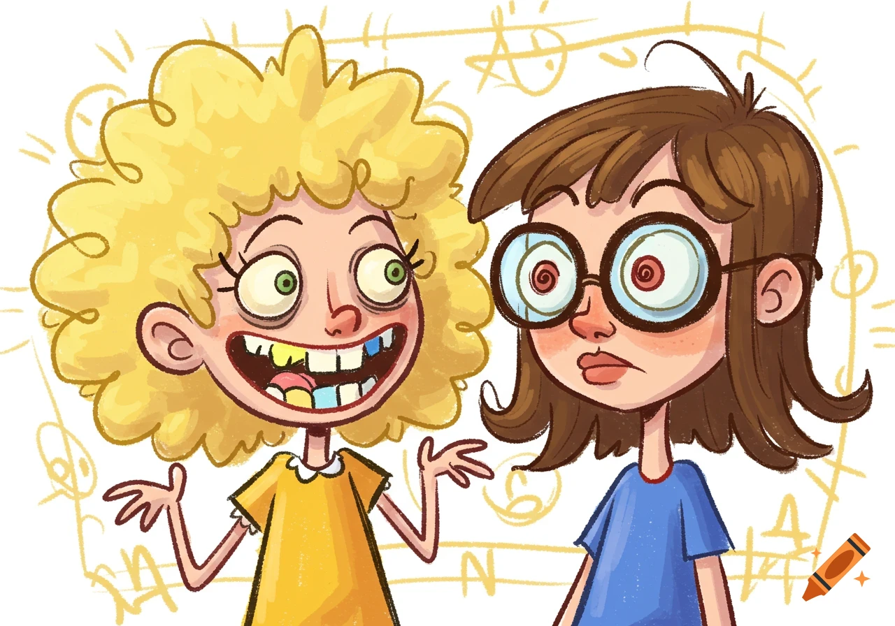 A cartoon of a crazy-looking blonde girl with gappy teeth next to a serious brown-haired girl with spiral-eyed glasses, against a scribbled background.