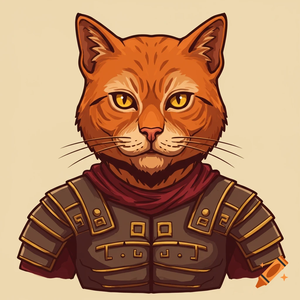 An orange anthropomorphic cat wearing ornate Roman armor and a red scarf, depicted as a bust with a light background.