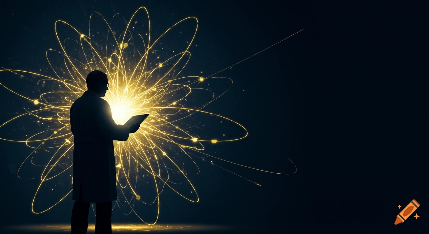 Silhouette of a scientist holding a tablet, with glowing abstract atomic orbital energy lines behind, in a dramatic, symbolic style.