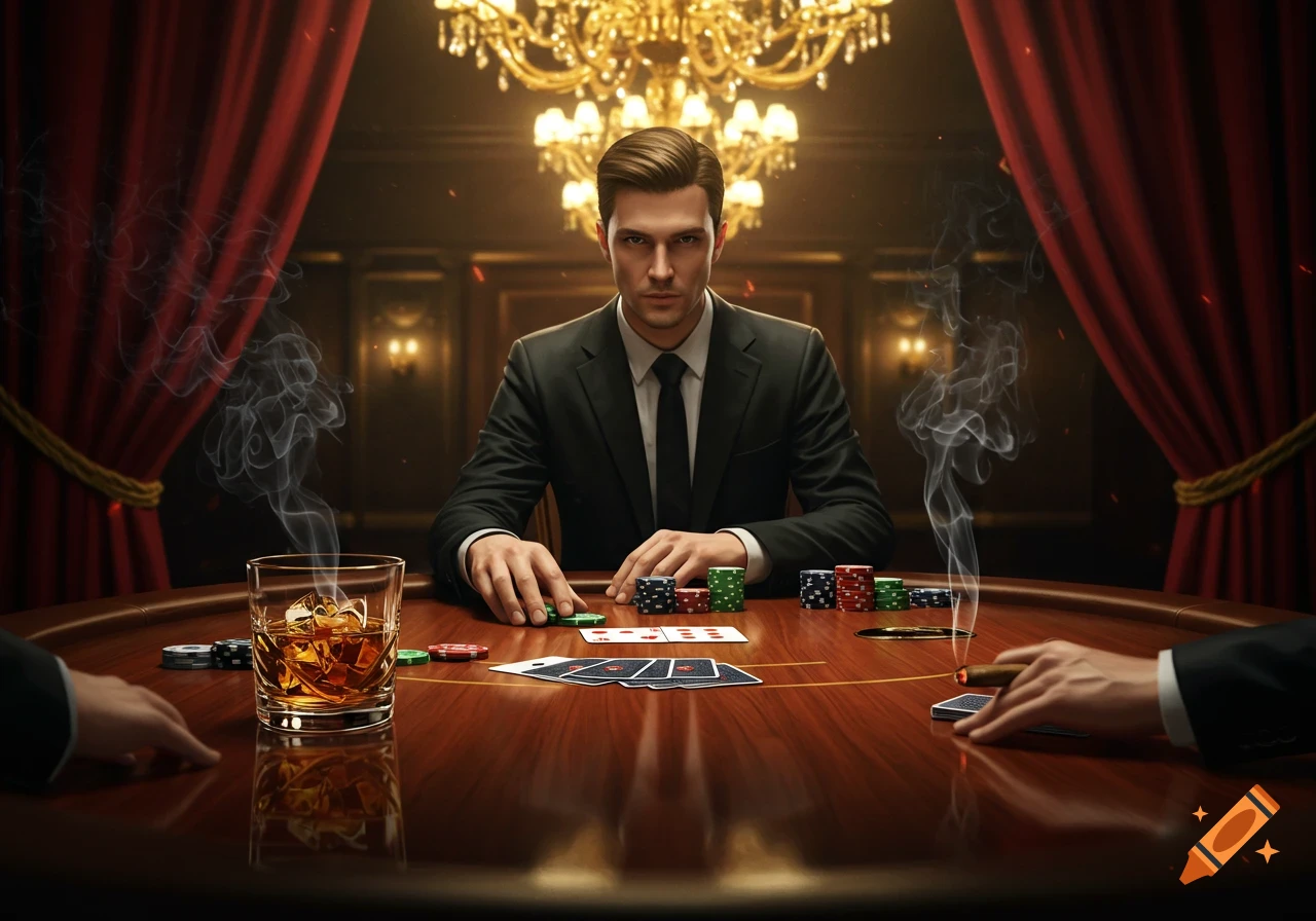A man in a suit sits at a poker table with chips, cards, whiskey, and a cigar in a luxurious, dimly lit room with red curtains and a chandelier.