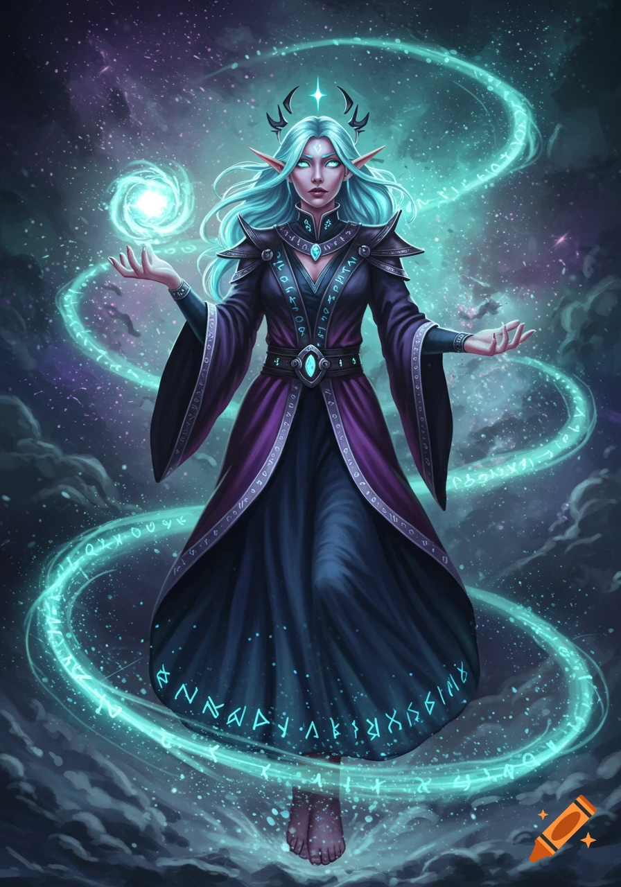 An elf mage with glowing blue hair and eyes, wearing a purple and black robe with glowing runes, levitates amid swirling blue magic and cosmic dust.