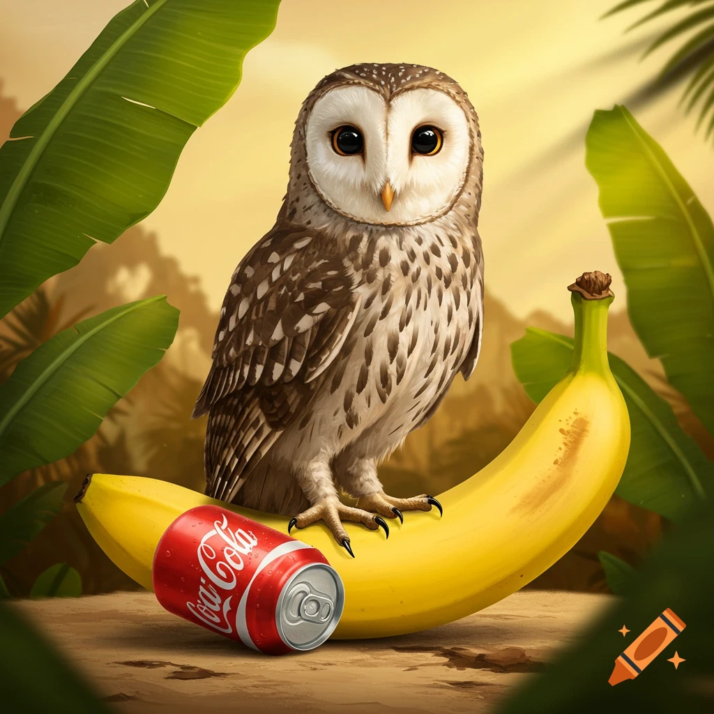 An owl stands on a banana next to a Coca-Cola can, surrounded by tropical leaves and golden light.