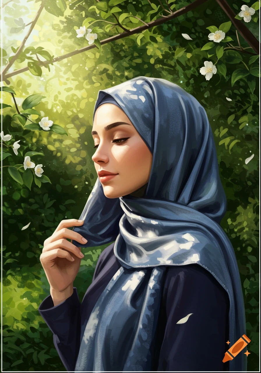 Stylized portrait of a woman in a blue hijab, lit by sunlight, amidst green leaves and white flowers.
