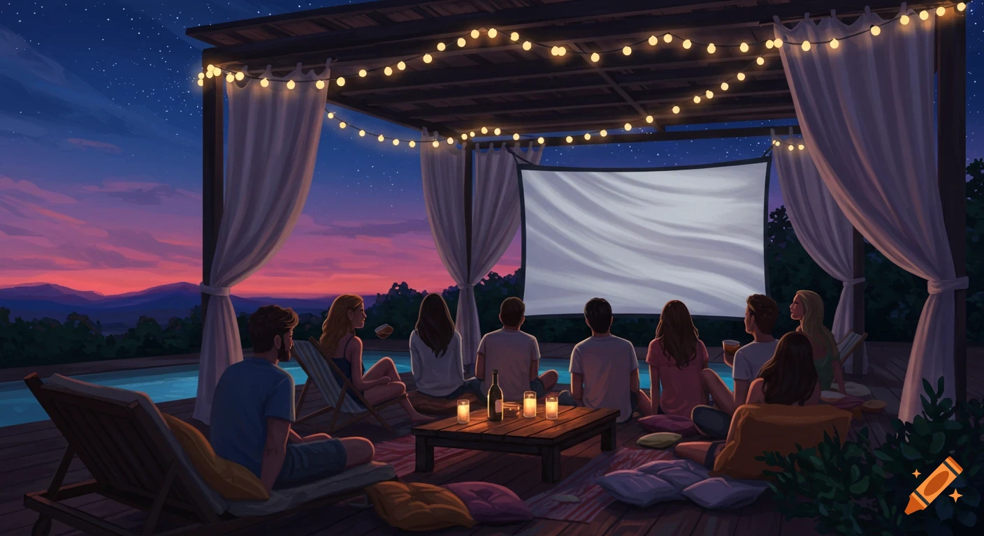 Illustrated scene of a group watching an outdoor movie under a string-lit pool cabana at sunset.