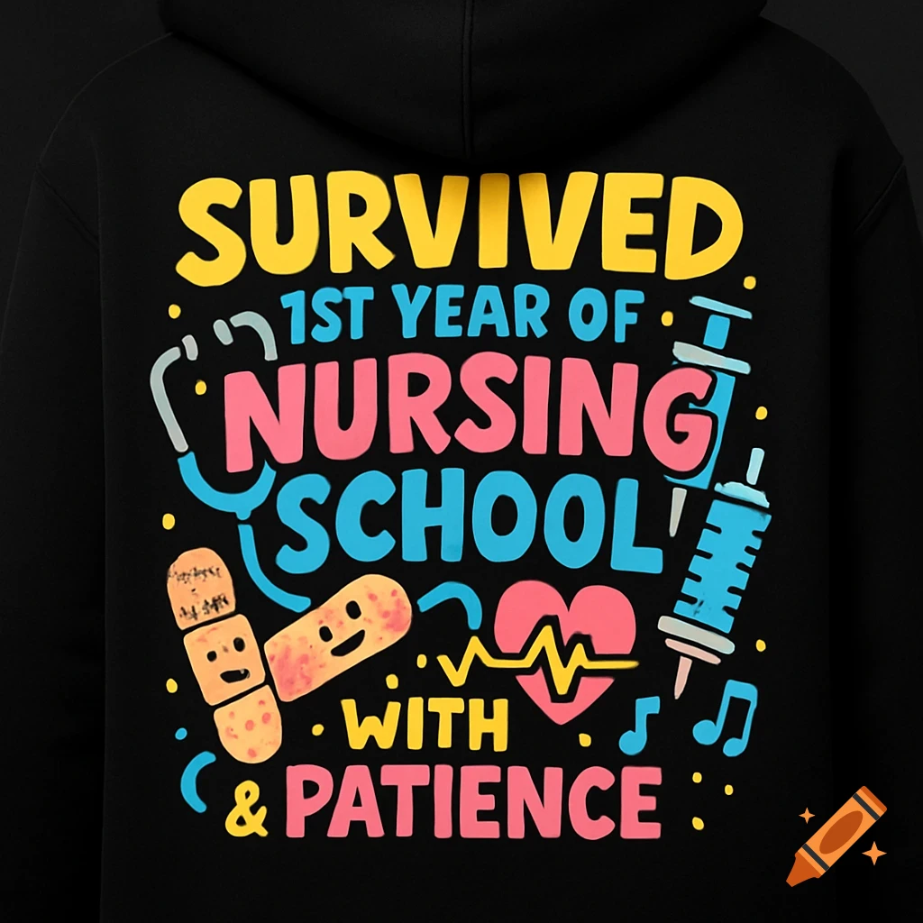 A black hoodie features a colorful cartoon graphic: 'SURVIVED 1ST YEAR OF NURSING SCHOOL WITH & PATIENCE' with medical symbols.