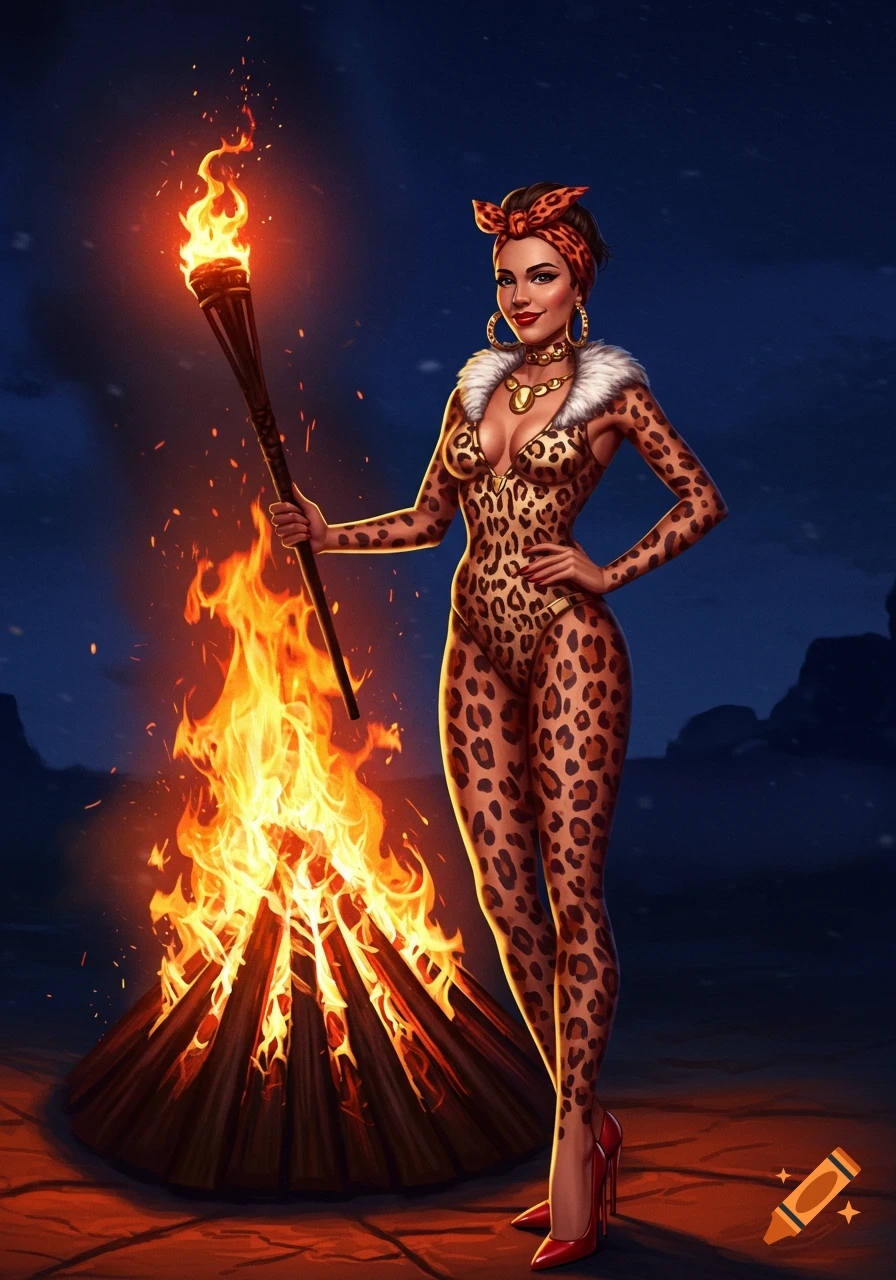 An illustrated woman in a leopard print bodysuit stands by a large bonfire at night, holding a burning torch.