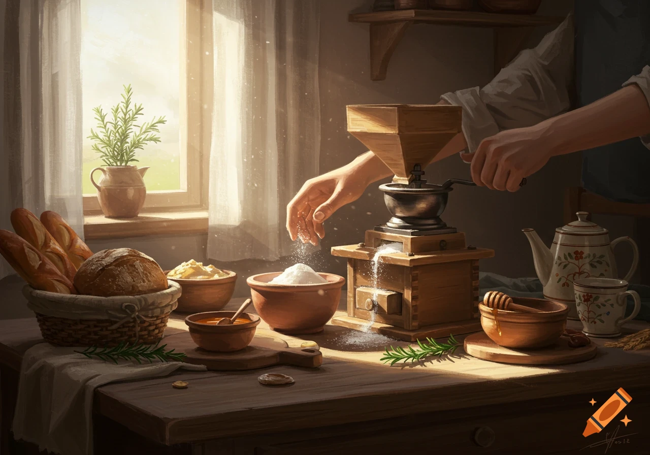 Hands grind grain in a rustic mill on a table with fresh bread, flour bowls, and honey, illuminated by a sunlit window in a painterly style.