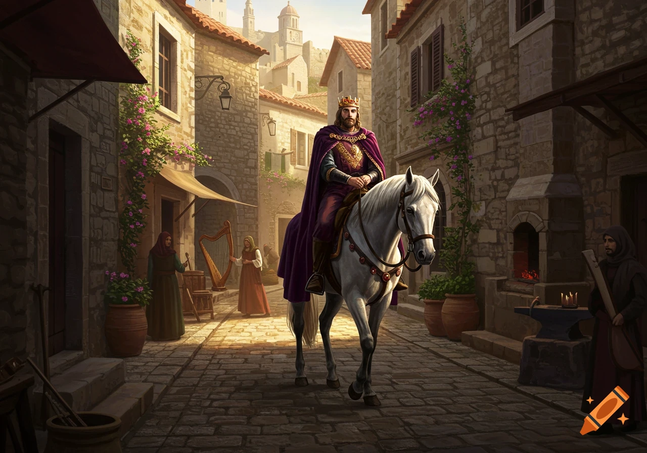 A king in a purple cape and golden crown rides a white horse through a bustling medieval town street, past stone buildings.