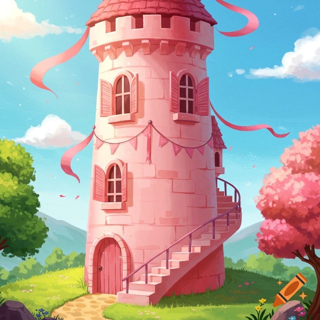 A whimsical pink castle tower with a red roof and external stairs on a green hill with flowering trees under a blue sky, in an illustrative style.