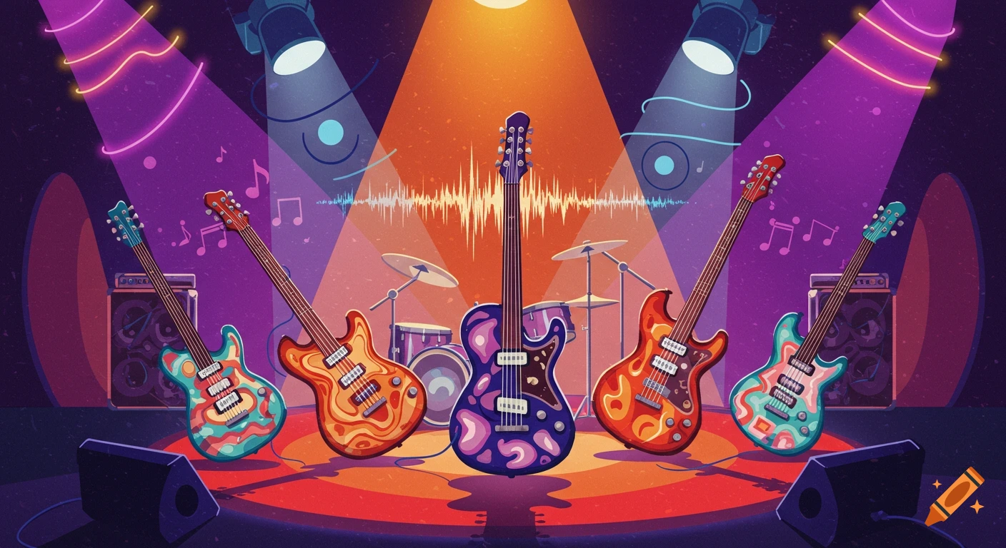 Five colorful electric guitars and a drum kit on a stage lit by spotlights and neon lines, in a vibrant, cartoonish style.