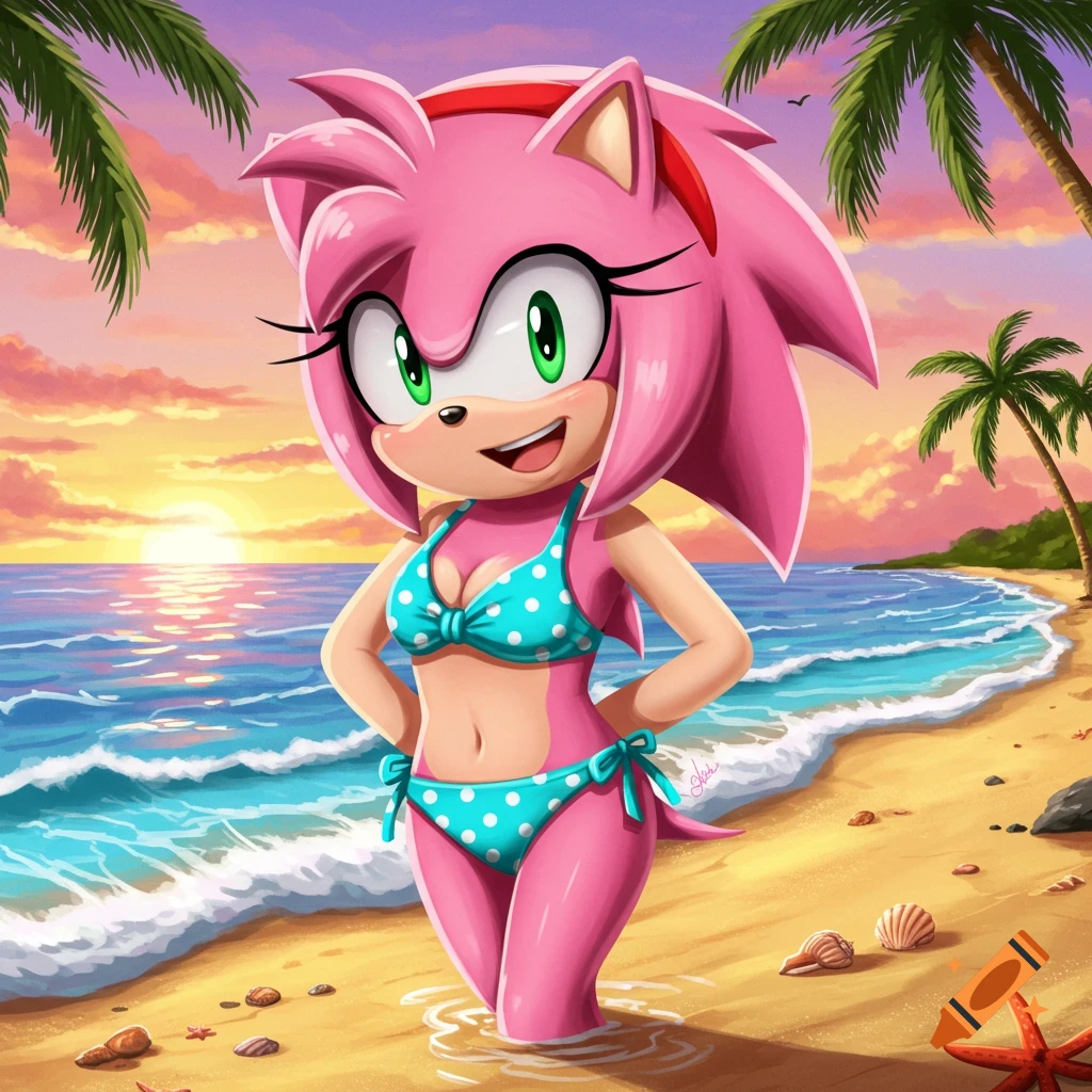 Amy Rose, a pink hedgehog, smiles in a polka-dotted bikini on a sandy beach at sunset with palm trees.