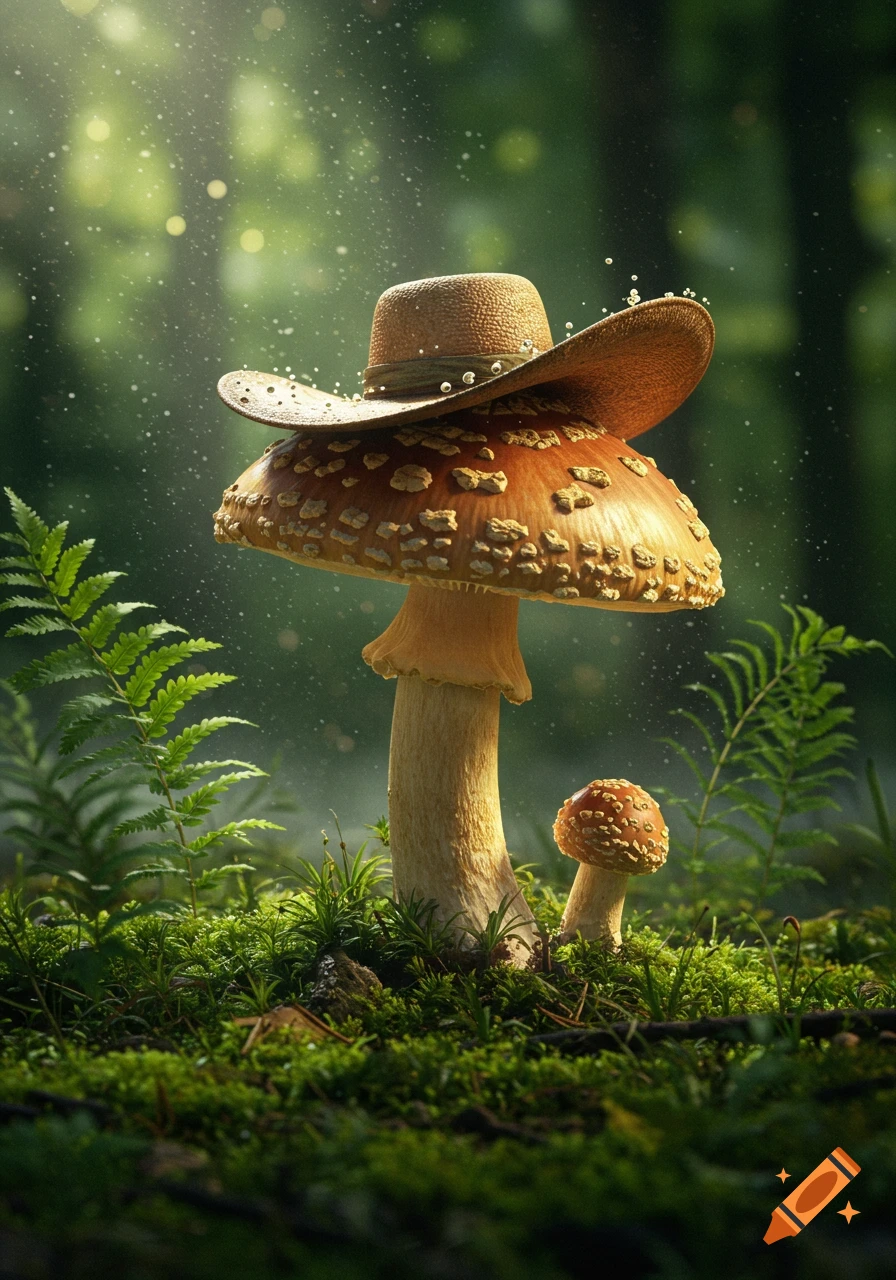 A large mushroom wearing a straw cowboy hat stands in a mossy forest, with a smaller mushroom nearby and sunlight dappling through trees.