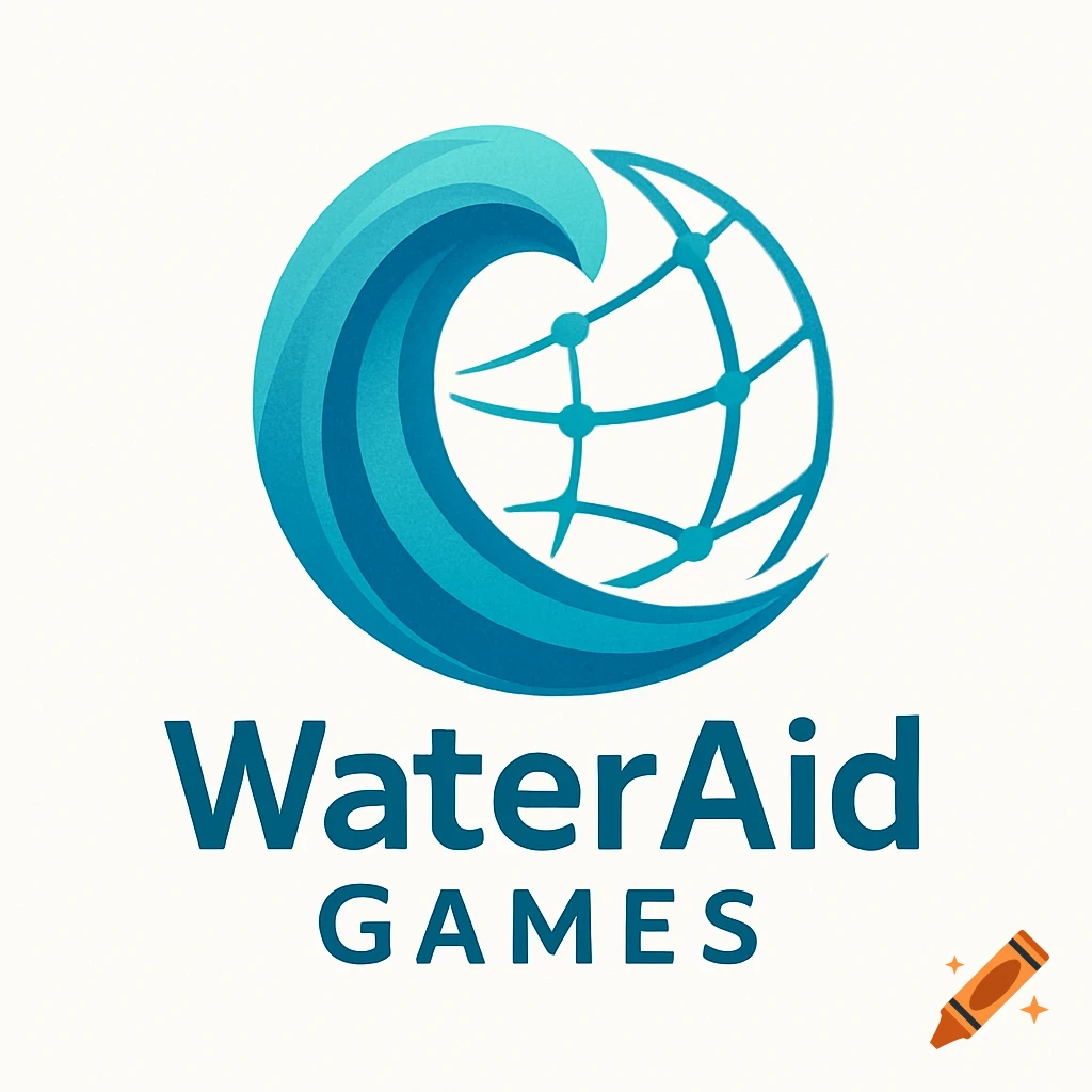 A blue logo with a stylized wave and globe, featuring the text "WaterAid GAMES" below.