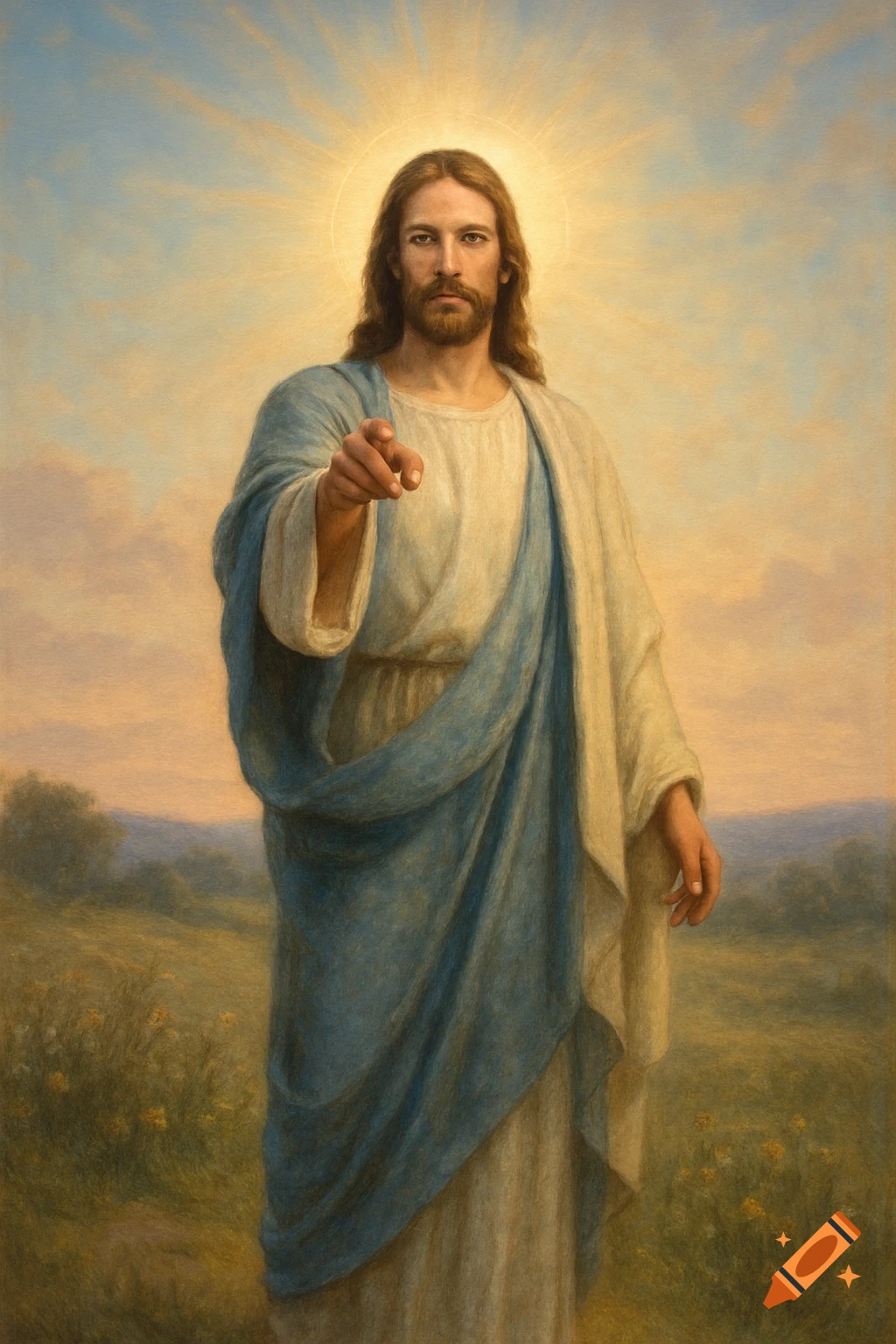 Painting of Jesus Christ, bathed in sunlight, standing in a field and pointing directly at the viewer.