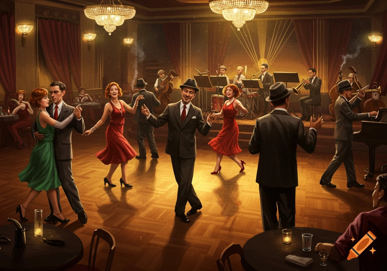 A lively 1930s jazz club with elegantly dressed couples dancing on a polished wooden floor, a band playing on a stage, and chandeliers glowing.